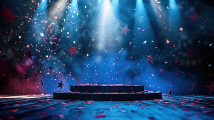 Event Stage Concept. Stage Platform with American Flag Colors and Stars - Event Background. Blue Stage with Stars and Confetti