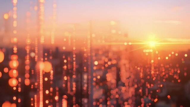 As the sun sets a wave of binary code washes over the skyline representing the potential to decentralize financial systems and give power back to the people.