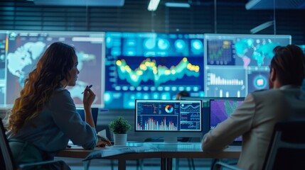 Two professionals analyzing data on multiple screens in a modern office. High-tech environment with financial and statistical charts displayed.