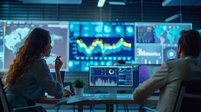 Two professionals analyzing data on multiple screens in a modern office. High-tech environment with financial and statistical charts displayed.