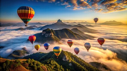 Captivating aerial view of hot air balloons floating above a majestic mountain, hot air balloons