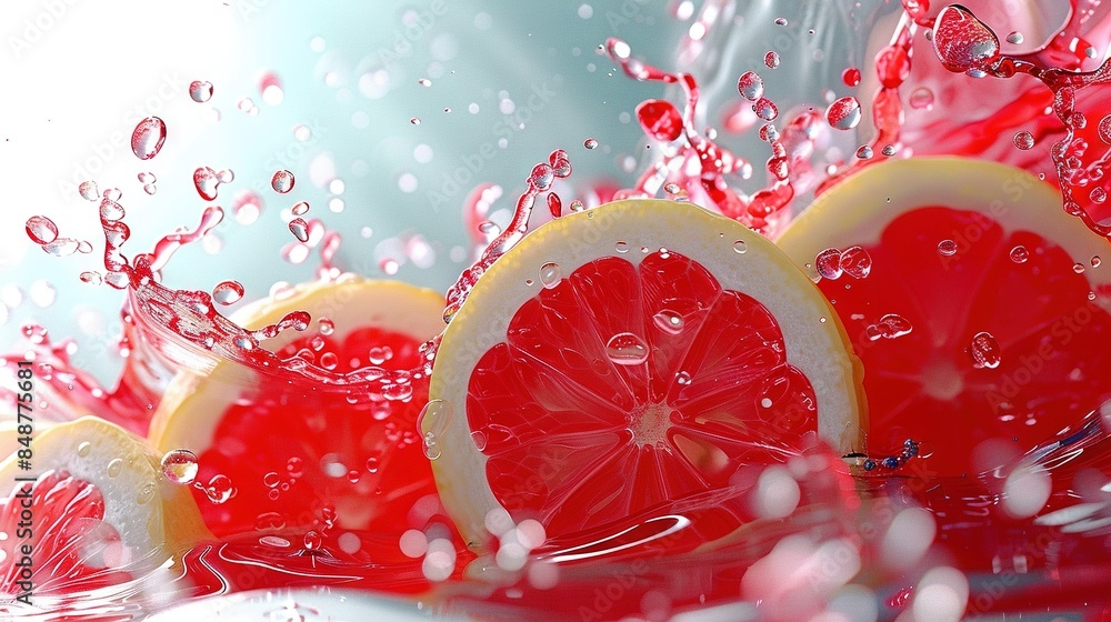 Poster a close-up of a halved grapefruit with water splashing on both sides