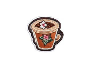 embroidered coffee cup sticker isolated on transparent background Remove png, Clipping Path, pen tool