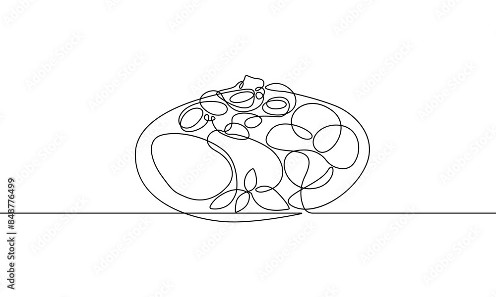 Wall mural Lunch with Potatoes and Meat Continuous Line Drawing Black Sketch on White Background. Continuous Food Simple Linear Drawing. Minimal One Line Draw Illustration for Cafe, Shop, Delivery. Vector EPS 10 - Wall murals