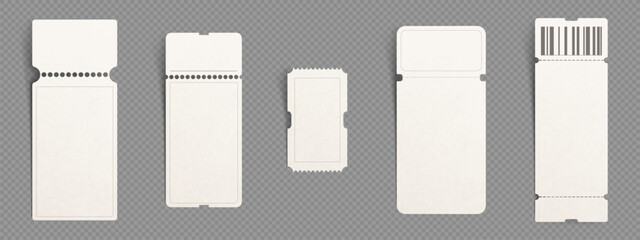 Mockup of coupon or ticket to concert and airplane with paper texture, separation point and barcode. Realistic 3d vector set of white blank vertical discount or lottery raffle voucher template.