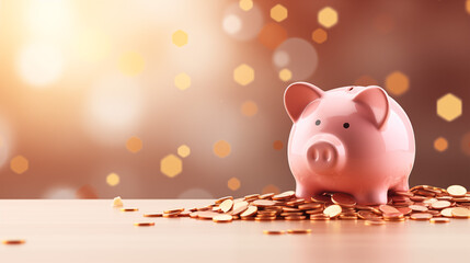 Savings Concept with Pink Piggy Bank and Falling Coins on White Background