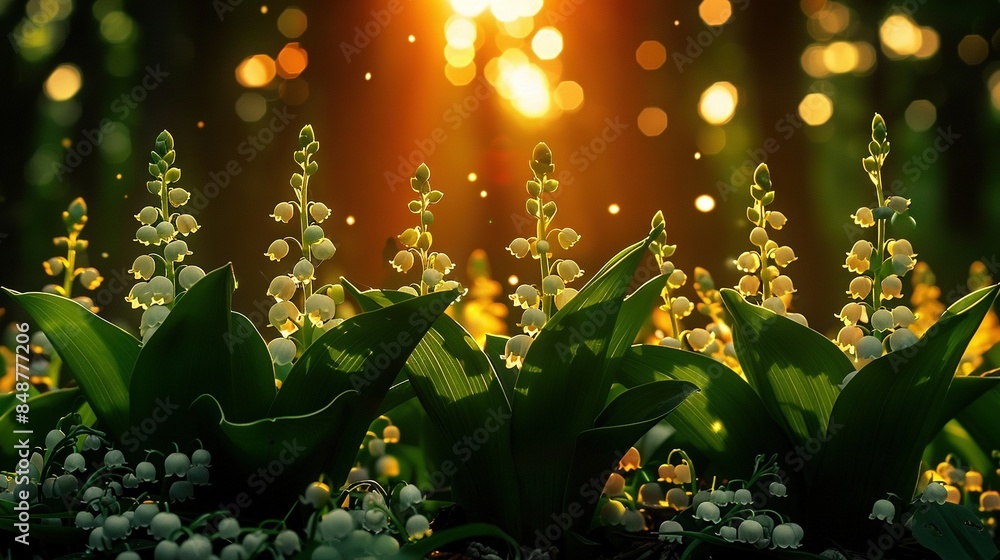 Poster a close-up of a bouquet of flowers in a meadow with sunlight filtering through the trees behind
