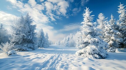 Obraz premium Magical Winter Wonderland: Snow-Covered Forest Path Illuminated by Christmas Lights - Serene and Festive Nighttime Celebration in Nature