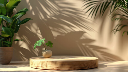 Obraz premium Nature Podium pedestal with leaf shadow for promotion presentation of cosmetics, healthy or beauty product placement pedestal display. Natural showcase product present