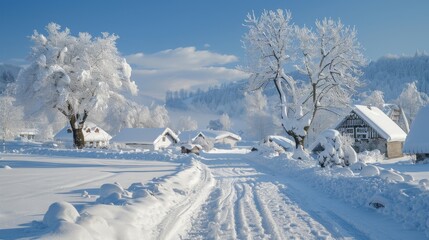 Peaceful Winter Wonderland: Snowy Field with Frosty Trees, Blue Sky, and Fresh Snow, Tranquil Snowy Wilderness: Crisp Winter Scenes, Fresh Snowfall, & Clear Skies in Nature's Beauty