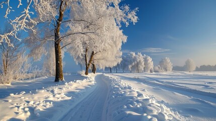 Obraz premium Peaceful Winter Wonderland: Snowy Field with Frosty Trees, Blue Sky, and Fresh Snow, Tranquil Snowy Wilderness: Crisp Winter Scenes, Fresh Snowfall, & Clear Skies in Nature's Beauty