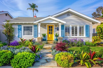 A stylish suburban home with a light gray exterior, white trim, blue shutters, and a yellow front door, set in a garden with green, purple, and red plants.