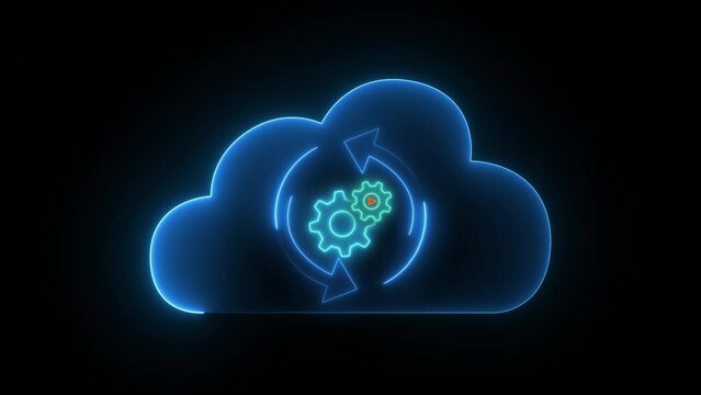 Cloud security concept. Global internet connection technology, digital marketing, Financial and big data. Glowing neon line animated secure cloud backup icon isolated on transparent background.