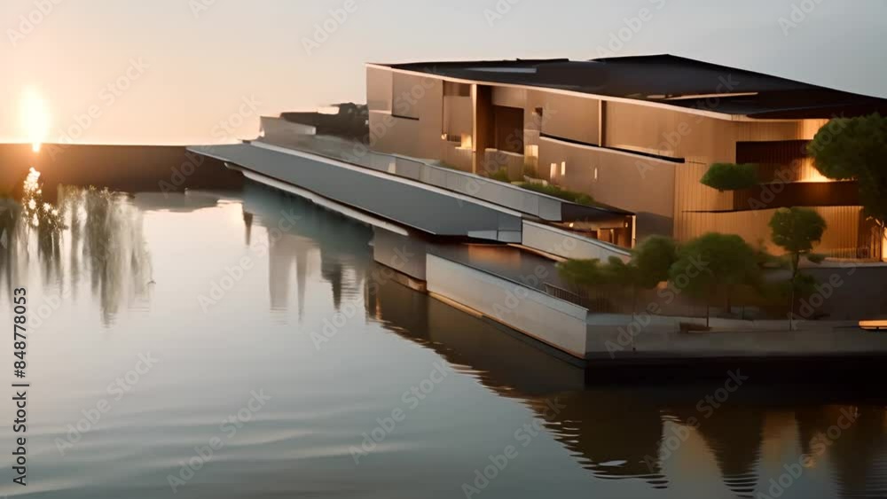 Poster modern building on a waterway at dusk generative ai