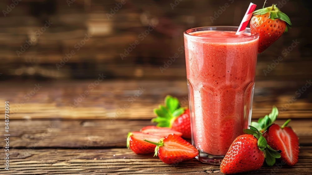 Sticker strawberry smoothie served in a glass on a wooden surface