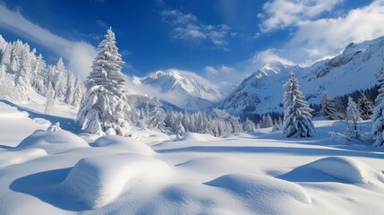 Obraz premium Peaceful Winter Wonderland: Snowy Field with Frosty Trees, Blue Sky, and Fresh Snow, Tranquil Snowy Wilderness: Crisp Winter Scenes, Fresh Snowfall, & Clear Skies in Nature's Beauty