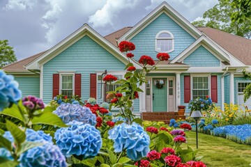 A suburban home with a light blue exterior, white trim, red shutters, and a green front door, set against a backdrop of a garden with blue, red, and yellow flowers.