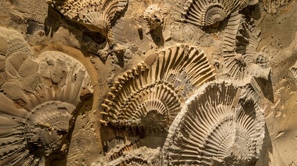 Macro of ancient fossils embedded in the cave walls, remnants of marine life from millennia ago.