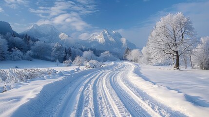 Peaceful Winter Wonderland: Snowy Field with Frosty Trees, Blue Sky, and Fresh Snow, Tranquil Snowy Wilderness: Crisp Winter Scenes, Fresh Snowfall, & Clear Skies in Nature's Beauty