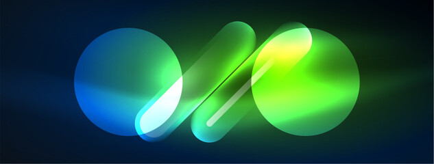 Abstract design pulsates with neon glowing light effects, casting an entrancing glow in the darkness, captivating the eye with its vibrant energy. Glass circles neon glowing light effects
