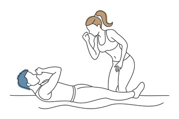 woman doing abdominal exercises under the guidance of a personal trainer, doodle continuous line art vector illustration.