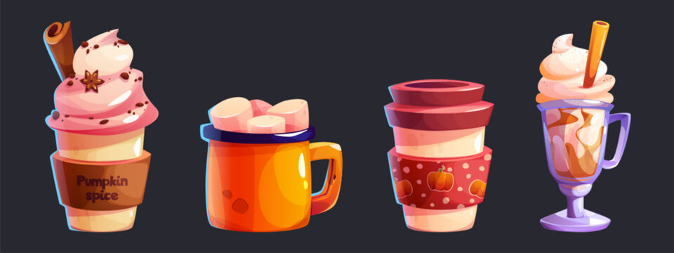Spice hot drinks in glass and mug for cozy autumn design. Cartoon vector illustration of latte with pumpkin, cream top and cinnamon stick, coffee or hot chocolate with marshmallow and in takeaway cup.