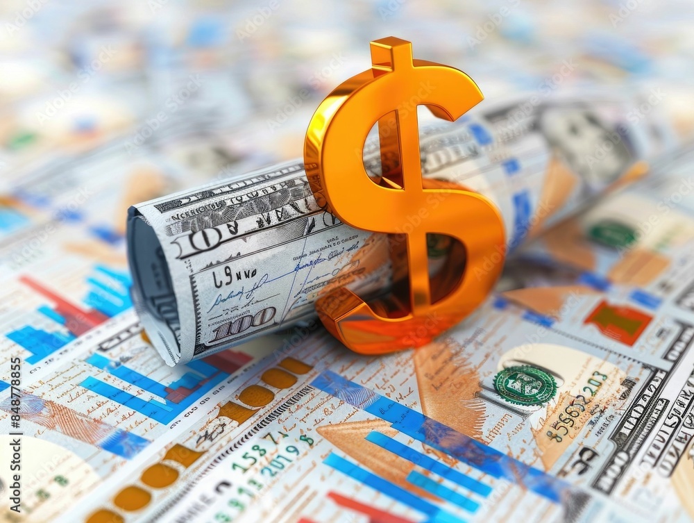 Poster 3d financial dollar icon surrounded by various financial documents graphs and reports on a clean whi
