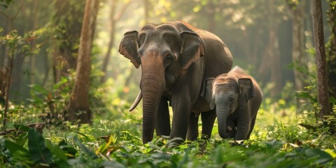 Fototapeta premium World Elephant Day, animal world, sunset, harmonious coexistence of people and animals, nature, green plants, commemoration, festival, culture, belief, HD wallpaper, background, generated by AI