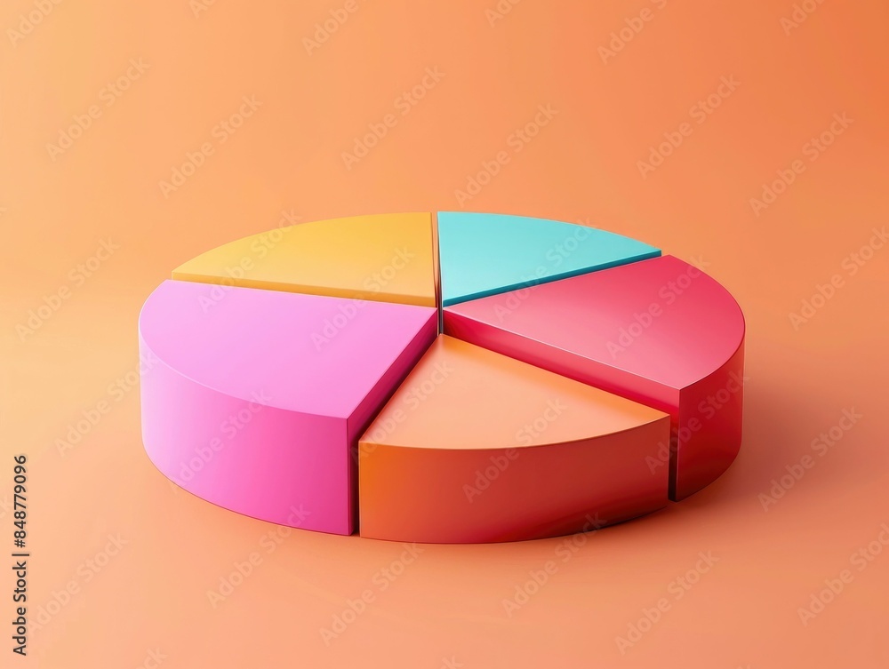 Poster vibrant 3d pie chart business icon with multicolored segmented design isolated on a pastel orange ba