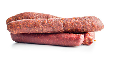 Smoked salami sausages isolated on white background.