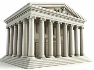 Fototapeta premium Detailed 3D rendering of a classical bank building with columns pediment and symmetrical facade design against a plain white background This financial institution icon represents finance commerce