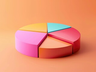 Obraz premium Vibrant 3D pie chart business icon with multicolored segmented design isolated on a pastel orange background Conceptual data visualization financial analysis or infographic element