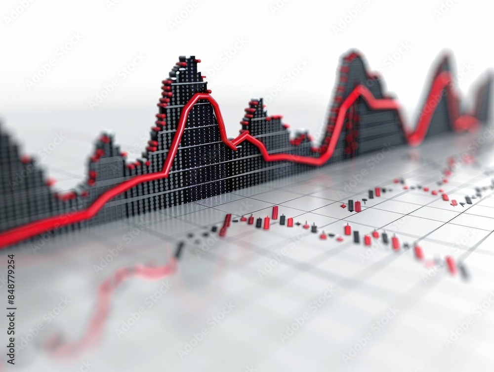 Poster detailed 3d finance icon in the form of a market chart with rising and falling colored lines display