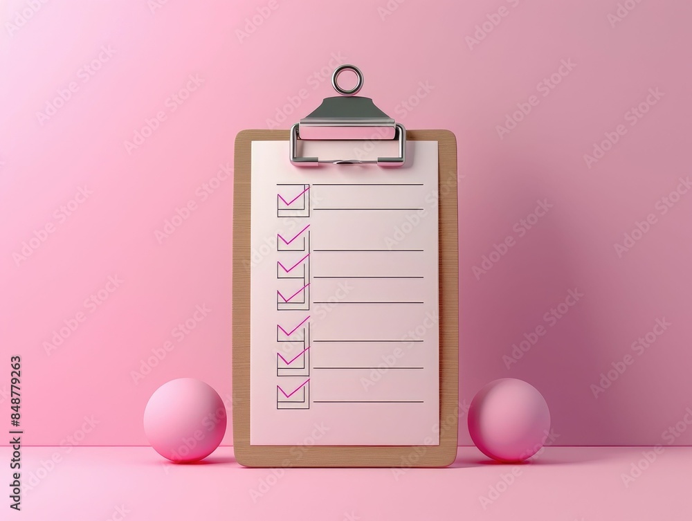 Poster 3d rendering of a clipboard icon with a checklist form on a pastel pink background representing orga
