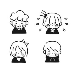 泣いている子供たちのイラスト　モノクロ