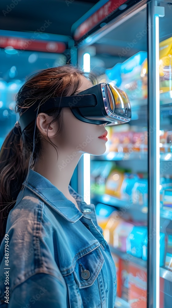 Poster futuristic virtual shopping assistant helping user choose products with augmented reality technology