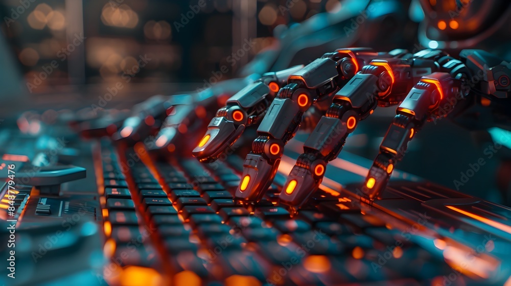 Poster ai powered creativity robot typing on futuristic keyboard generating stories and scripts
