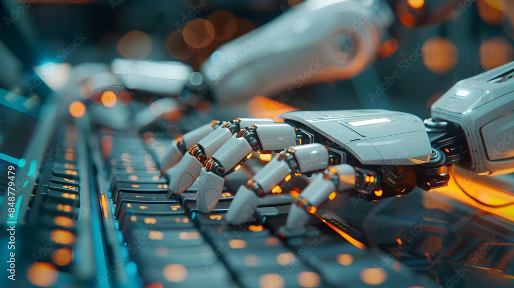 Poster robotic writer ai powered creative typing on futuristic keyboard generating stories and scripts