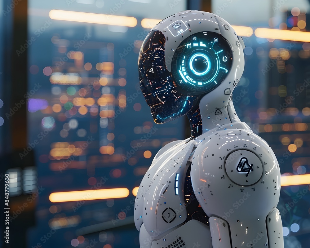 Poster futuristic robot analyzing data and simulations in a futuristic cityscape at night