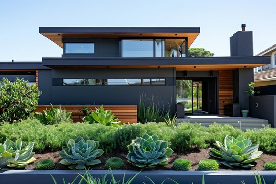 A suburban house with a dark gray exterior, a flat roof, and wooden accents, surrounded by a minimalist garden with green succulents.