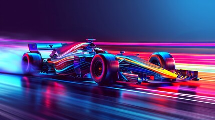 Formula One f1. Abstract vector 3d f 1 bolide racecar on speedway. Fast motion. Finish line. Success in competition, race winner, business win concept. Auto sport, fast automobile symbol 