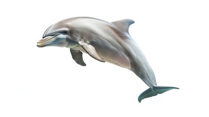   A dolphin jumps in the air with its mouth open, out of the water