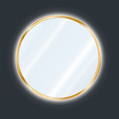 Round mirror in a gold frame with LED lighting. Reflective glass plate. 3d vector isolated on dark background.