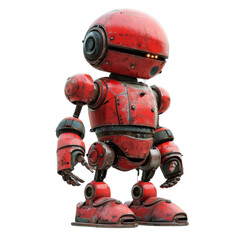 Full-body view of a retro red robot featuring intricate mechanical details transparent background, PNG
