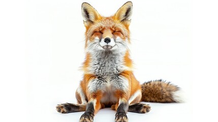 Fototapeta premium A red fox is sitting on the ground with its eyes closed and its head resting on its paws