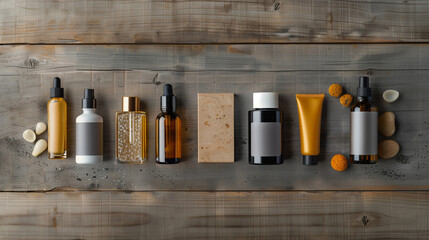 
Flat lay of skincare products in elegant bottles and tubes, placed on a wooden surface with...