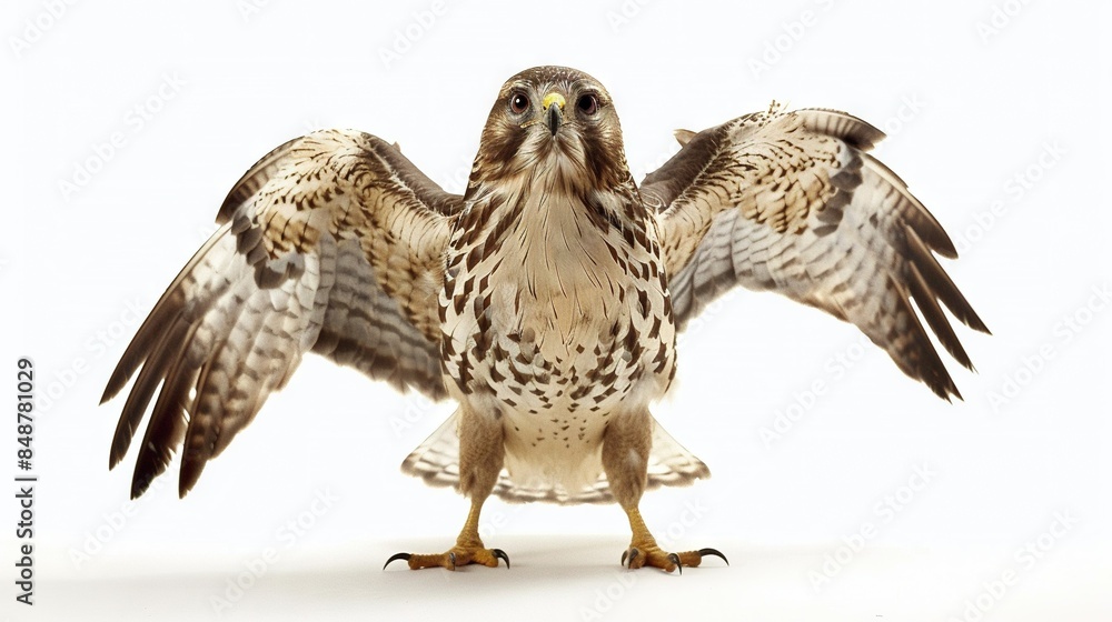 Poster close-up of a bird of prey with its wings open and spread wide against a white background