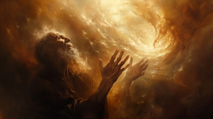 Fototapeta premium Heavenly scene with an old man receiving God's grace