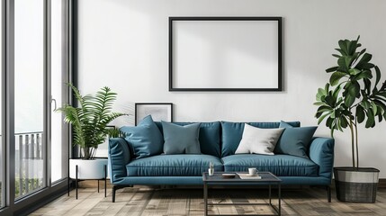 Home living room interior couch with decoration, window and mockup frame 