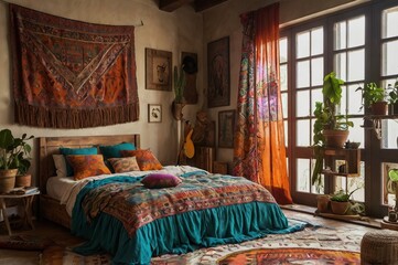 A cozy bedroom with a bohemian style decor. The room features a large bed with colorful pillows and blankets, a wooden bench with cushions by the window, indoor plants, and vibrant patterned curtains.